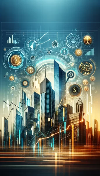 DALL·E 2024-03-19 09.38.43 - Create a more concrete yet visually engaging 9_16 image that symbolizes the business world, the stock market, and returns on investment, focusing less